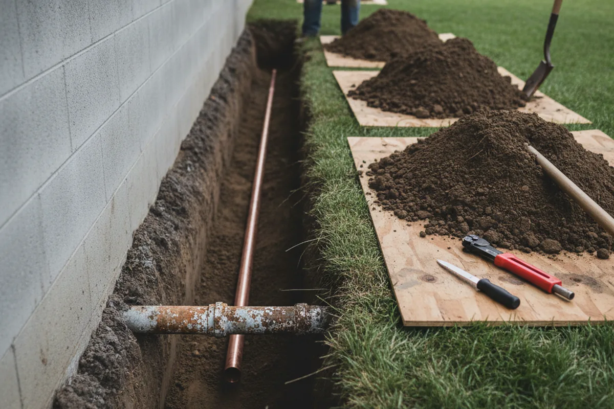 Excavated water line trench during Water Softener Installation in Stoutsville